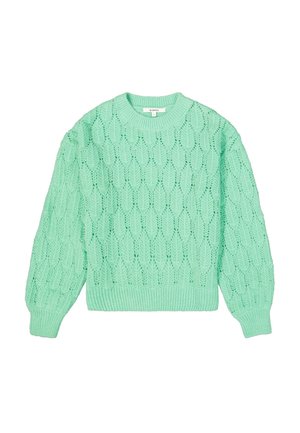 Pull en tricot vert menthe avec un motif de feuilles texturé, manches longues, poignets côtelés et encolure ronde.