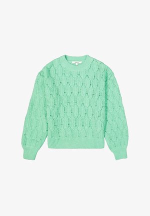 Mintgroene gebreide trui met een textuurpatroon van bladeren, lange mouwen, geribde manchetten en een ronde halslijn.