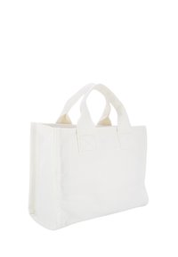 Borsa tote in cotone bianco con doppio manico, forma rettangolare, cuciture rinforzate e design minimalista. Nessun marchio o motivo visibile.