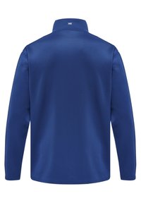 Blue long-sleeved polo shirt with a soft texture, a folded collar, and a subtle logo at the nape. Smooth, fitted design with no embellishments.