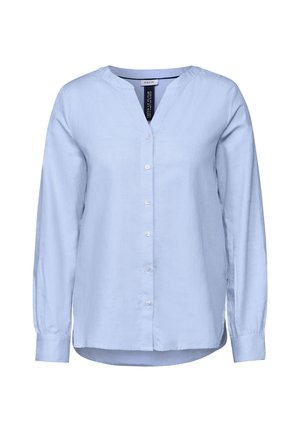 Lichtblauw langmouwshirt met een V-hals, knopen aan de voorkant en een ronde onderrand. Gemaakt van een gladde stof met een effen textuur en subtiele glans.