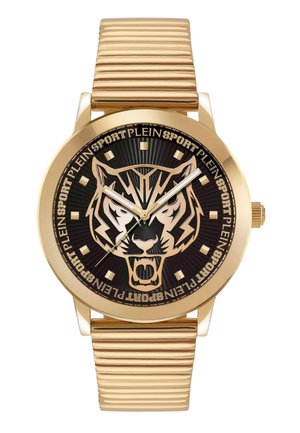 Goldene Armbanduhr mit schwarzem Zifferblatt, mit einem Design eines brüllenden Tigers und dem Text "Plein Sport" um das Zifferblatt, mit goldenen Stundenmarkierungen und Zeigern.