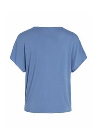 Top bleu à manches courtes, coupe ample avec large encolure, vu de dos sur fond blanc.