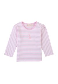 Maglietta a maniche lunghe a righe rosa e bianche con scollatura tonda e piccolo design ricamato di una giraffa sul davanti. Tessuto morbido.