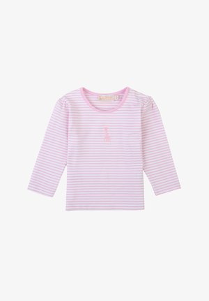 Maglietta a maniche lunghe a righe rosa e bianche con scollatura tonda e piccolo design ricamato di una giraffa sul davanti. Tessuto morbido.