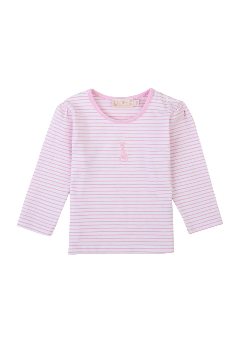 Maglietta a maniche lunghe a righe rosa e bianche con scollatura tonda e piccolo design ricamato di una giraffa sul davanti. Tessuto morbido.