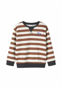 Felpa a strisce marroni e bianche, in cotone, colletto a girocollo, maniche raglan, presenta un orlo a coste blu navy e un logo blu sul petto.