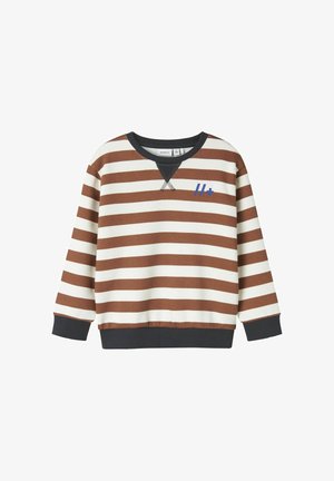 Felpa a strisce marroni e bianche, in cotone, colletto a girocollo, maniche raglan, presenta un orlo a coste blu navy e un logo blu sul petto.