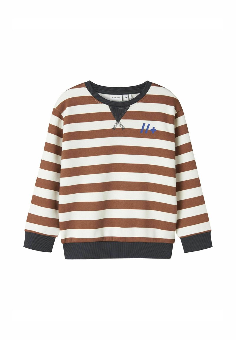 Felpa a strisce marroni e bianche, in cotone, colletto a girocollo, maniche raglan, presenta un orlo a coste blu navy e un logo blu sul petto.