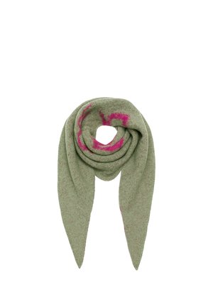 Weicher, olivgrüner Wollschal mit dezenten rosa abstrakten Akzenten, zu einer lockeren Schlaufe gefaltet mit spitzen Enden, die nach unten hängen.
