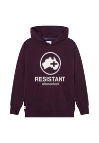 Sudadera burdeos con capucha, hecha de algodón, con un gran estampado circular que incluye las palabras "RESISTANT" y "altonadock" en blanco. Bolsillo canguro incluido.