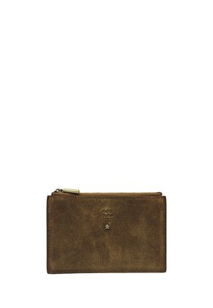 Portefeuille zippé en daim marron avec logo "mila louise PARIS" et petit détail étoile sur le devant.