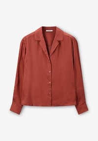 Rust-colored button-up shirt made of smooth fabric. Features a pointed collar and long sleeves with slight gathers at the shoulders.