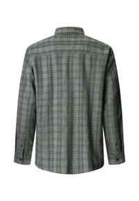 Camicia a maniche lunghe verde a quadri realizzata in tessuto morbido. Presenta un colletto e polsini con bottoni, con linee di accento blu e nere.