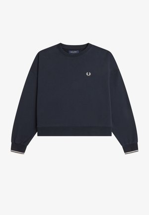 Sweat-shirt bleu marine à manches longues avec encolure côtelée, poignets avec rayures blanches, ourlet, et petit logo laurier brodé blanc sur la poitrine.