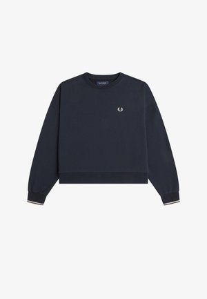 Sweat-shirt bleu marine à manches longues avec encolure côtelée, poignets avec rayures blanches, ourlet, et petit logo laurier brodé blanc sur la poitrine.