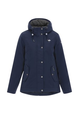 Chaqueta de agua navy con capucha, que presenta un forro acolchado gris, botones a presión y dos bolsillos frontales. Cuerdas ajustables en la capucha.