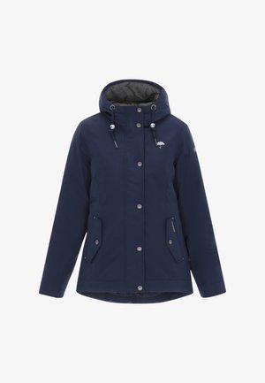 Chaqueta de agua navy con capucha, que presenta un forro acolchado gris, botones a presión y dos bolsillos frontales. Cuerdas ajustables en la capucha.