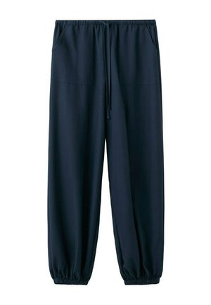 Pantaloni casual blu navy con vita elastica e coulisse, tasche frontali e polsini elastici alle caviglie.