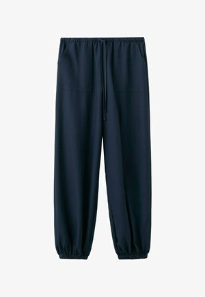 Donkerblauwe casual broek met elastische tailleband en trekkoord, steekzakken aan de voorkant en elastische boorden bij de enkels.
