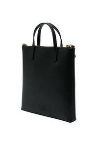 Borsa tote in pelle nera con due manici superiori, una texture liscia, chiusura con zip dorata e un logo in rilievo sottile sul davanti.