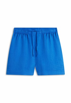 Blauwe korte broek met elastische tailleband en trekkoord, vlakke voorkant en rechte zoom, afgebeeld op een witte achtergrond.
