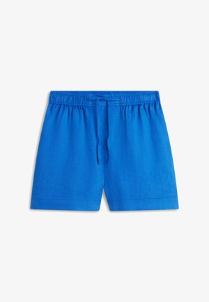 Blauwe korte broek met elastische tailleband en trekkoord, vlakke voorkant en rechte zoom, afgebeeld op een witte achtergrond.