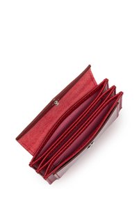 Red leather wallet with a smooth exterior and textured inner lining. Features six card slots and a snap closure. Compact and organized design.