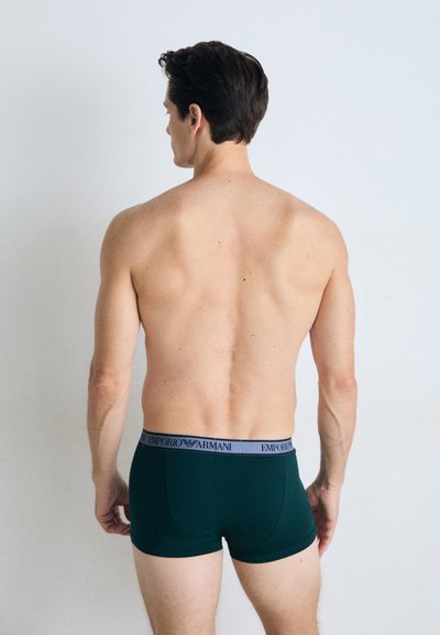 Grüne Baumwoll-Boxershorts mit einem grauen elastischen Bund, der das "Emporio Armani"-Logo trägt, von hinten auf einem hellen Hintergrund präsentiert.
