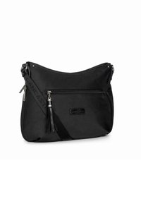 Borsa a spalla nera in nylon con design curvo, tasca frontale con zip, accentuata da un pom pom e tracolla con dettagli del marchio.
