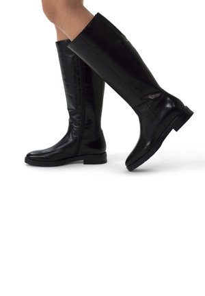 Black knee-high boots in glossy leather, featuring a rounded toe, low block heel, and a side zipper for easy wear. Smooth texture throughout.