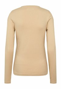 Beige, hosszú ujjú, bordázott póló kerek nyakkivágással. Puha, rugalmas anyag, sima textúrával és testhezálló szabással. Zökkenőmentes kivitel.