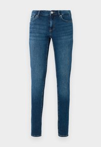 Dark blue denim skinny jeans with traditional five-pocket design, silver button, and subtle faded sections on the front. Smooth texture.