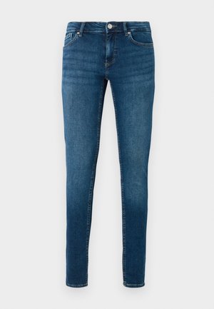 Jean skinny en denim bleu foncé avec un design traditionnel à cinq poches, bouton argenté et sections légèrement décolorées sur le devant. Texture lisse.