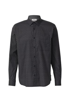 Tamsiai pilka ilgomis rankovėmis marškiniai su mažais šviesiai pilkais geometriniais raštais ir kišene kairėje krūtinės pusėje.