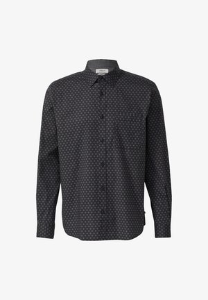 Camisa de botones de manga larga en gris oscuro con un pequeño patrón geométrico en gris claro y un bolsillo en el pecho del lado izquierdo.