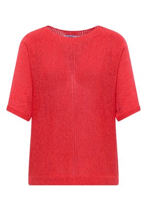 Pull en maille rouge à manches courtes avec un col rond et un détail subtil de couture verticale au centre devant.