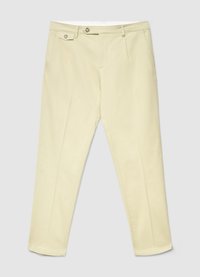 Hellgelbe Baumwollhose mit glatter Textur, geradem Schnitt, zwei Vordertaschen und zwei Knöpfen am Bund.