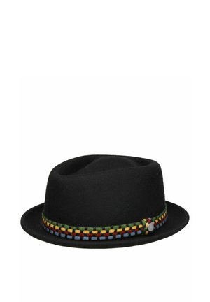 Black fedora hat with a multicolored woven band in green, yellow, red, and blue around the base of the crown.