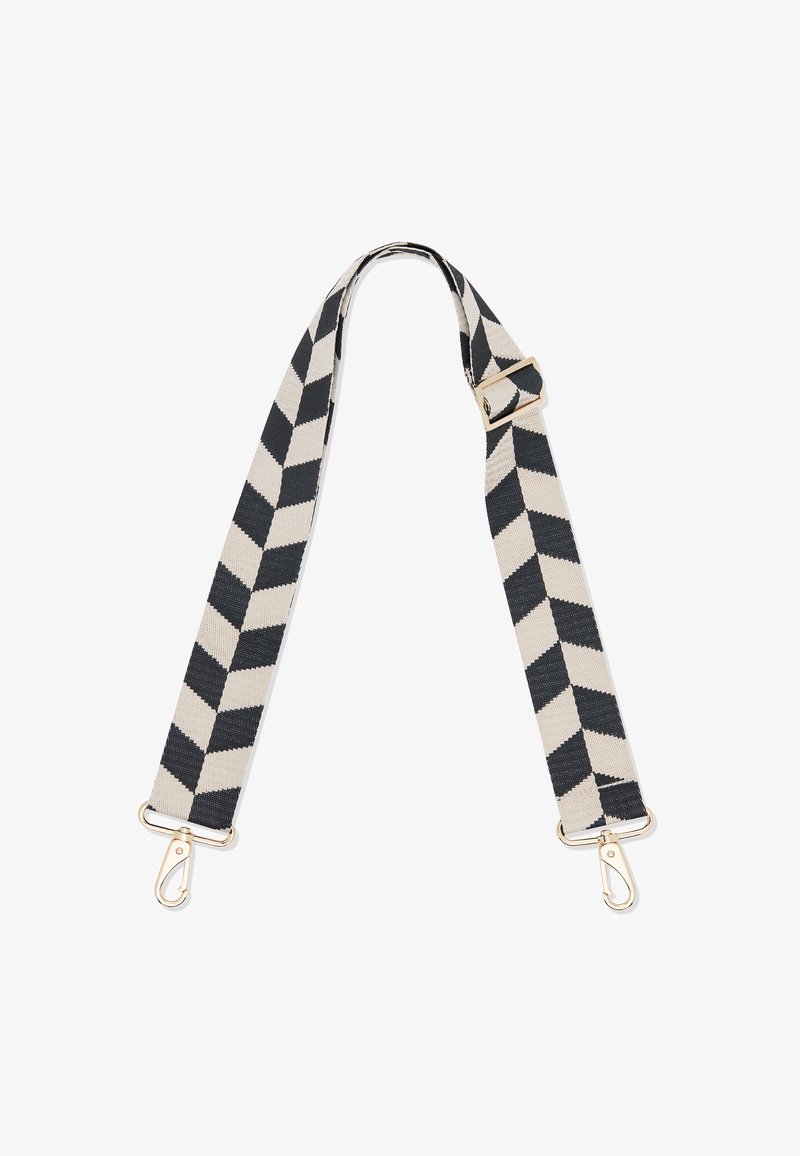 Kudottu hihna musta- ja kreeminsävyisessä herringbone-kuviossa, kultasävyisillä metalliklemmareilla kummassakin päässä varmiseen kiinnitykseen.