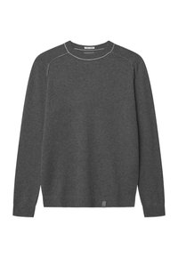 Grauer Rundhalspullover mit langen Ärmeln, gerippten Bündchen und Saum, glatter Textur und kontrastierenden Nähten entlang der Schultern.