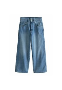 Jeans en denim bleu à jambe large avec une taille haute, fermeture à boutons et quatre poches, présentant une texture lisse et un délavage.