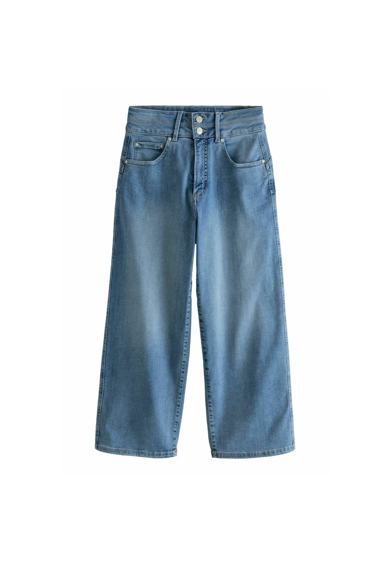 Jeans en denim bleu à jambe large avec une taille haute, fermeture à boutons et quatre poches, présentant une texture lisse et un délavage.