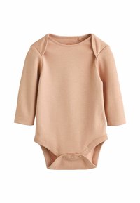 Langærmet baby bodysuit i blødt beige stof, med rund halsudskæring og trykknapper i bunden for nem påklædning.