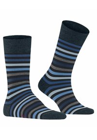 Calzini a strisce con tonalità variabili di blu, grigio e nero. Texture morbida con un polsino a coste e tallone rinforzato.