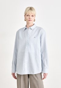 Camicia button-up azzurro chiaro con una sottile texture, maniche lunghe e colletto classico. Presenta un piccolo logo sul petto.
