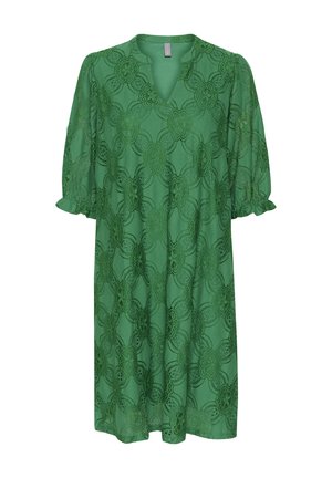 Vestido verde de encaje con escote en V, mangas globo y estampados florales. La tela es semitranslúcida y tiene una textura ligera.