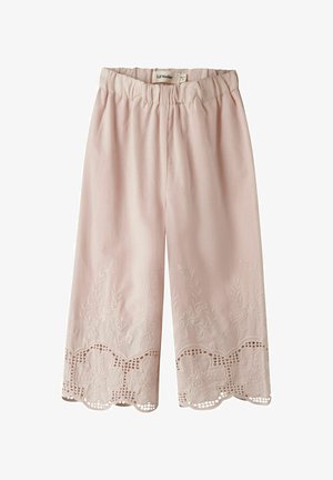 Lyserøde bukser med vide ben, elastisk talje, blomsterbroderi og udskæringsdetaljer langs kanterne.