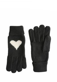 Mânuși negre din tricot cu mansete cu dungi, având un detaliu alb în formă de inimă pe spatele uneia dintre mănuși. Textură moale și design cu separarea degetelor.