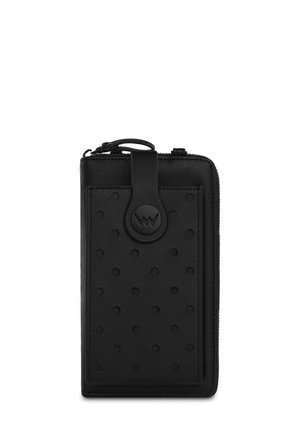 Black zippered wallet made of textured leather, featuring raised dot patterns, a round accent logo, and a flat strap for easy carrying.